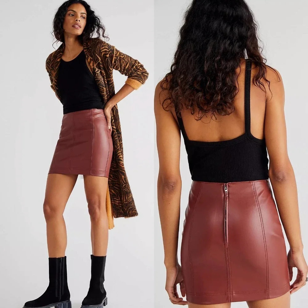 Free People Modern Femme‎ Vegan Leather Skirt Cognac Brown Tan Size 0